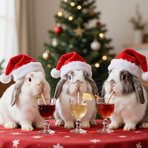 Photograph of three fluffy white and gray rabbits wearing Santa hats, sitting on a red table with Christmas-themed drinks in front of a decorated Christmas tree.