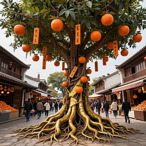 Photograph of a vibrant orange tree with hanging orange fruits and Chinese characters, situated in a bustling street market with people and traditional buildings in the background.