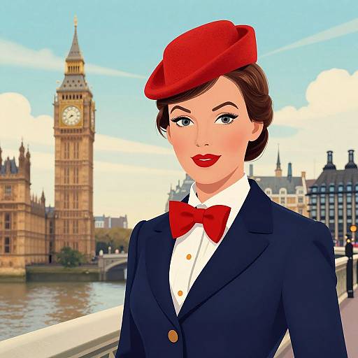 Digital illustration of a stylish woman with red beret, bowtie, and navy blazer, standing in front of London's Big Ben.