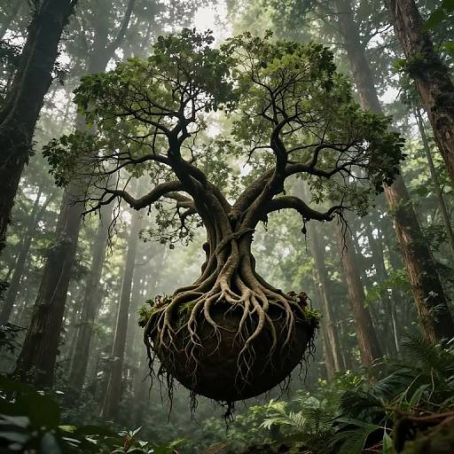 Photograph of a mystical tree with a large, hanging root ball in a dense, misty forest, sunlight filtering through tall trees.