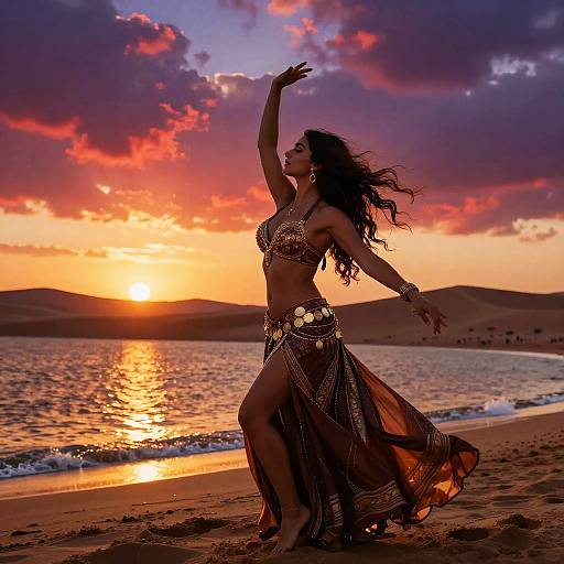 Photograph of a dancing woman in a shimmering belly dance outfit, silhouetted against a vibrant sunset over a beach and ocean.