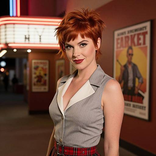 Photograph of a red-haired woman with short, spiky hair, wearing a gray sleeveless blouse with a white collar, and a red plaid