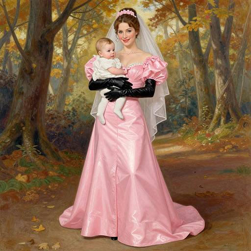 Victorian-style painting of a smiling woman in pink satin gown and black gloves, holding a baby in white, with autumn forest background.