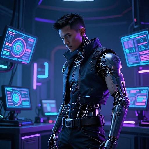 Cyborg man with metallic right arm stands in futuristic control room, surrounded by glowing neon screens, wearing dark, high-tech leather outfit.