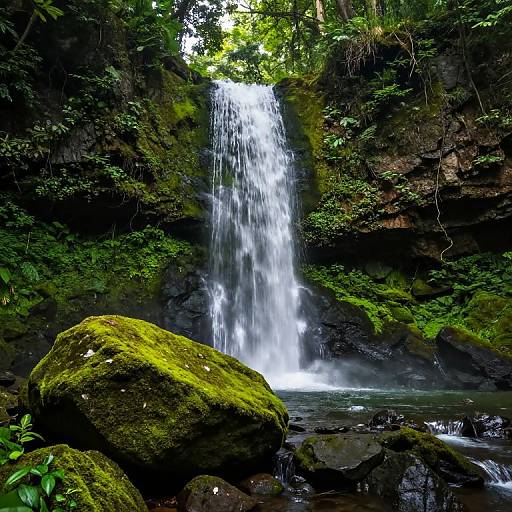 Photograph of a lush, forested waterfall cascading down a moss-covered rock face, surrounded by dense greenery and large, mossy bould