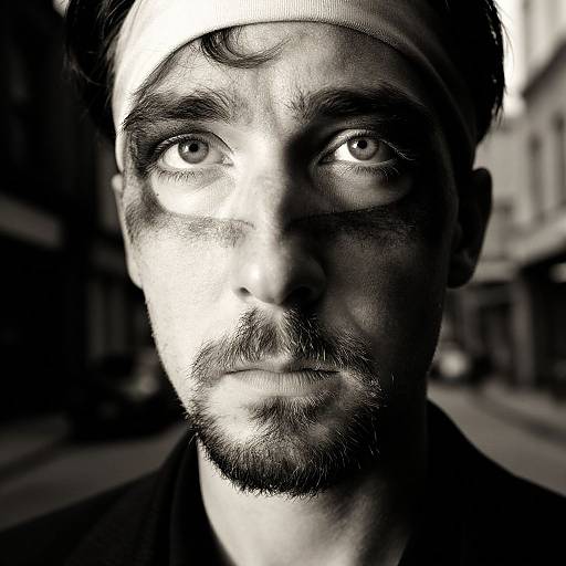 Black-and-white close-up photograph of a bearded man with intense eyes, wearing a headband, partially shadowed, standing in a dimly lit