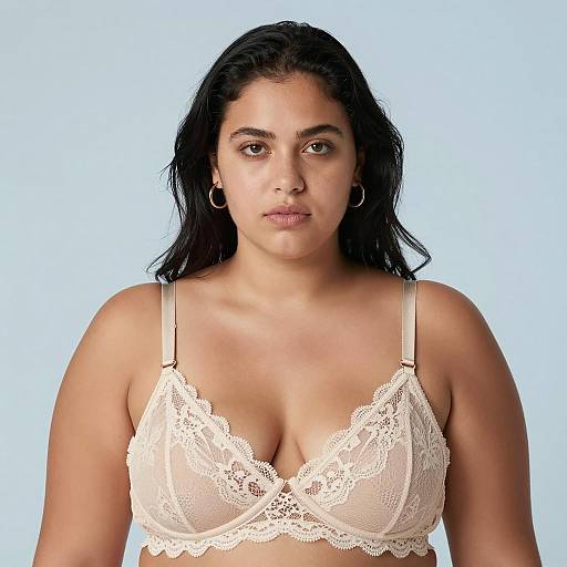 Plus-Sized Woman in Beige Lace Bra