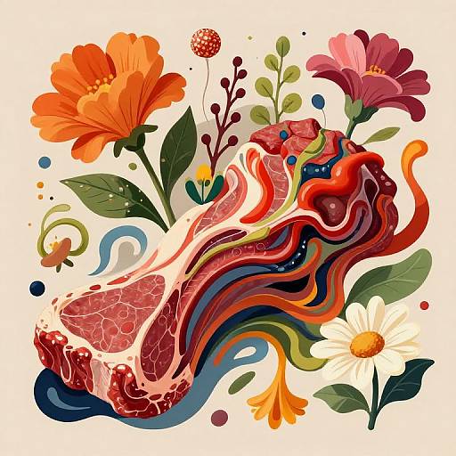 Vibrant digital illustration of a heart adorned with colorful, abstract flowers and leaves, featuring red, orange, pink, and yellow hues.