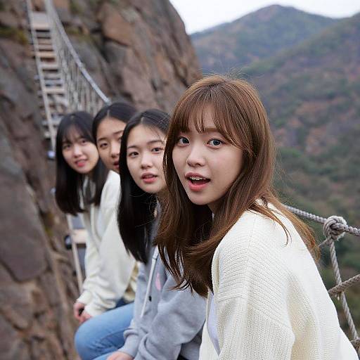 Photograph of four Asian women with long black and brown hair, wearing white sweaters, sitting on a rocky mountain bridge with a ladder and forested