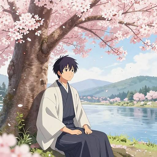 Anime-style illustration of a black-haired man in traditional white and black kimono, sitting under cherry blossom tree by serene lake.