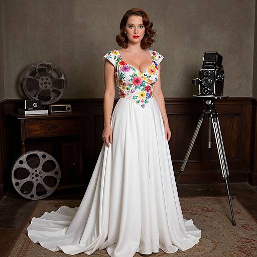Photograph of a red-haired woman in a white floral dress with a deep V-neck, standing in a vintage room with film equipment and dark wooden furniture
