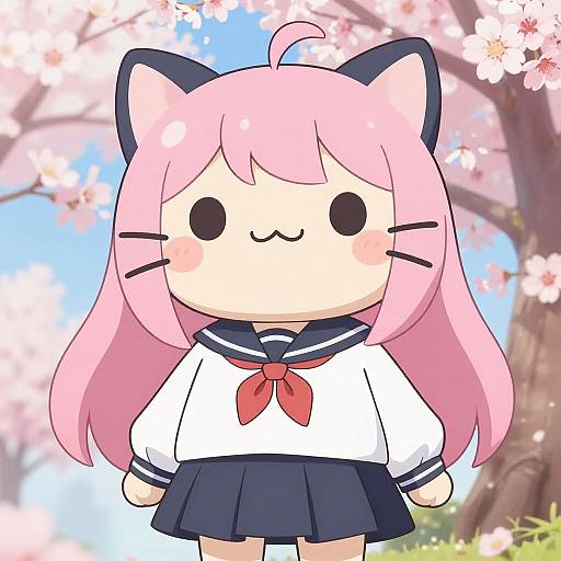 Chibi-style digital drawing of a pink-haired cat-girl in a sailor school uniform, standing under cherry blossom trees with a sunny blue sky background.