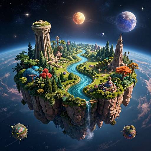 Fantasy CGI image of a floating island with lush greenery, winding blue river, ancient towers, colorful flowers, and celestial bodies in space.