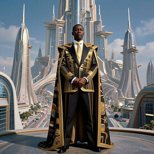 Photograph of a Black man in an ornate black and gold robe, standing confidently in front of futuristic skyscrapers.