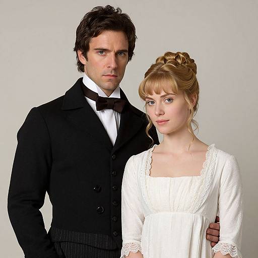 Photograph of a serious dark-haired man in a black tuxedo with a black bow tie, standing behind a blonde woman in a white lace wedding
