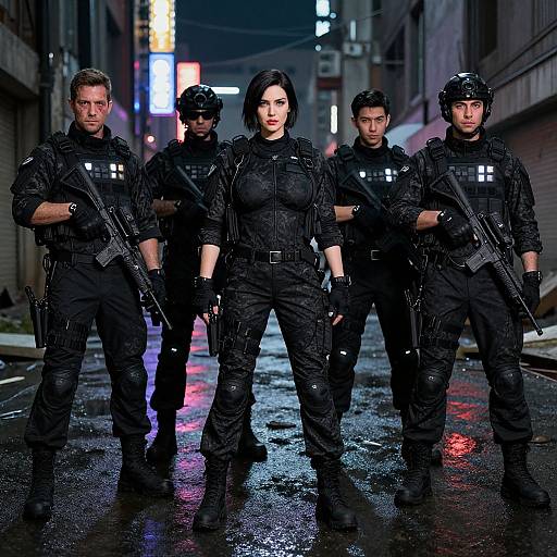 Photograph-style CGI image of five black-clad, armed police officers standing in a neon-lit, rainy urban alleyway at night.
