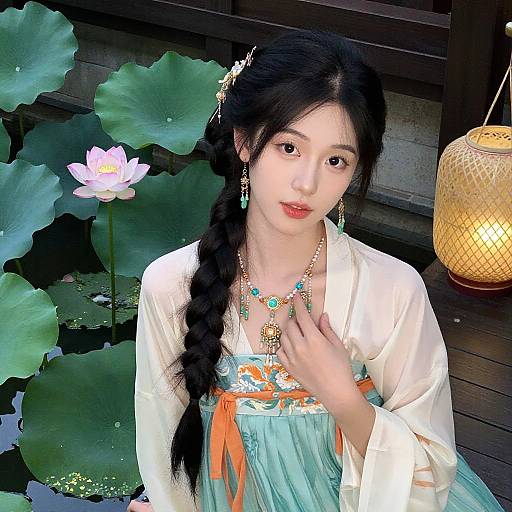 Young Asian woman with long black braid, wearing traditional white and blue attire with orange ribbons, necklace, and earrings, stands by a lit lantern