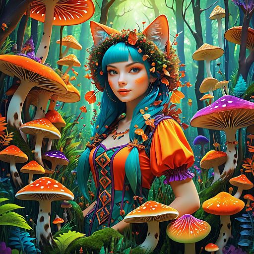 Whimsical Cat Girl in Vibrant Fungi Whimsical Cat Girl in Vibrant Fungi