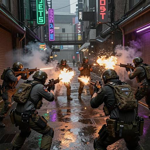 Multinational Fireteam in Neon City Alley Under Fire