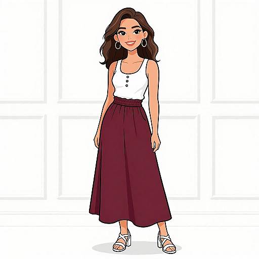 Digital illustration of a smiling woman with wavy brown hair, wearing a white tank top, maroon high-waisted skirt, white sandals, and