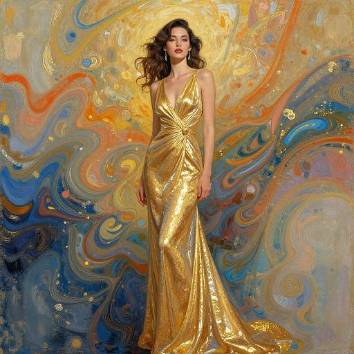 Photograph of a woman with long brown hair in a shimmering gold, V-neck dress, standing against an abstract, colorful, swirling background.