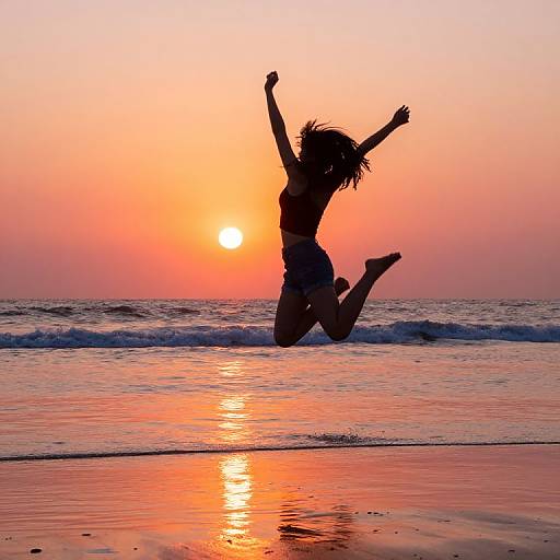 Silhouetted woman jumping joyfully at sunset on a beach, arms raised, wearing a bikini, with orange-pink sky and sun reflecting on