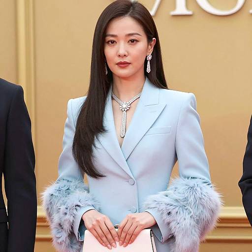 Elegant Woman in Blue Suit with Diamonds