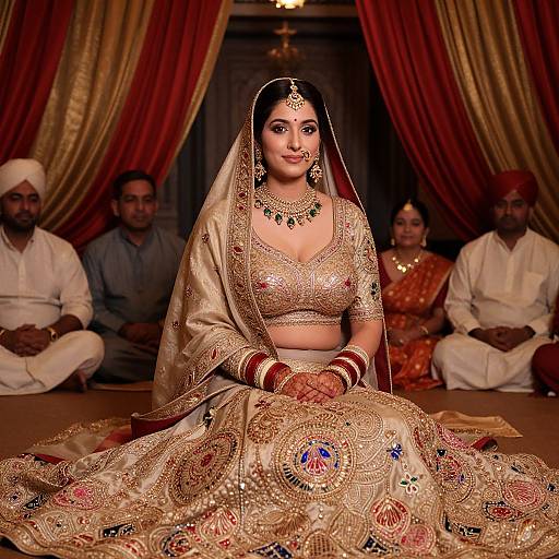 Photograph of a South Asian bride in an ornate gold traditional lehenga, adorned with intricate embroidery and jewelry, seated in a richly decorated room