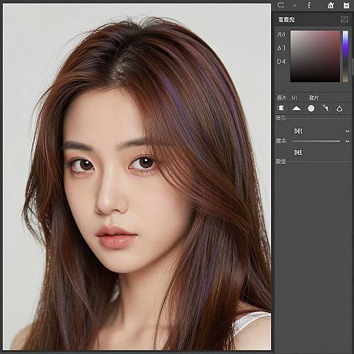 Photorealistic digital portrait of an Asian woman with long, dark brown hair, light skin, and soft brown eyes, against a white background. Photoshop
