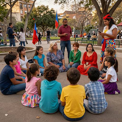Photograph of diverse children and adults sitting in a park, listening to a man in a maroon shirt speaking, with colorful trees and flags in the