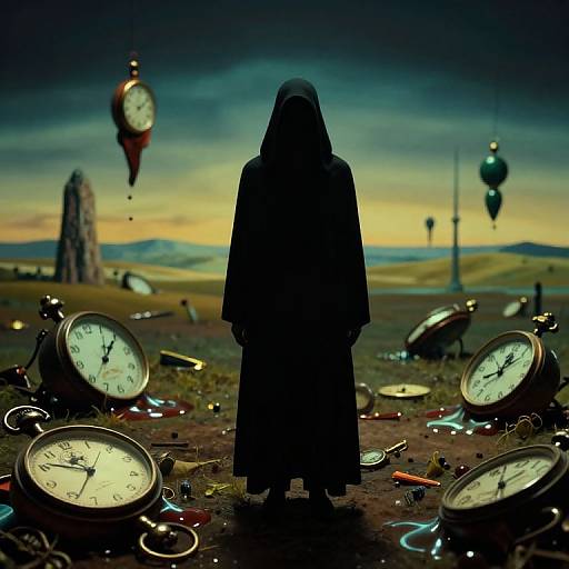 Silhouetted figure in a long, dark hooded cloak stands amidst a surreal landscape of floating clocks and balloons under a twilight sky.