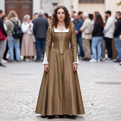 Photograph of a young woman with curly brown hair, wearing a medieval-style brown gown with white lace cuffs, standing on a cobblestone street,