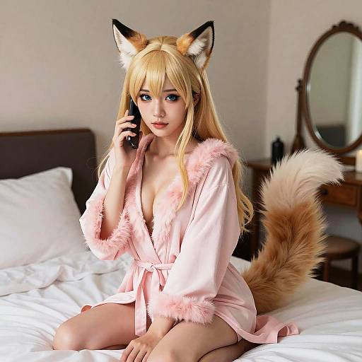 Blonde woman in pink furry robe and fox ears and tail, sitting on bed, talking on phone, bright bedroom. Photorealistic digital art.