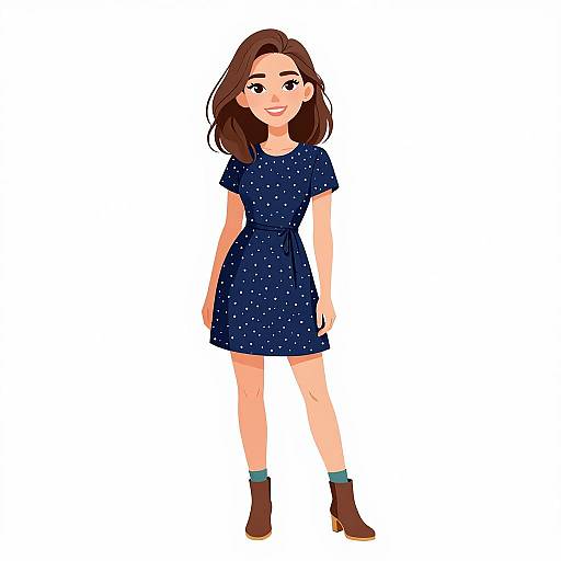 Digital illustration of a smiling woman with brown hair, wearing a dark blue, short-sleeve, dotted dress and brown ankle boots. White background.