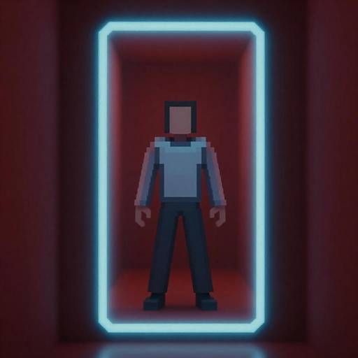 Pixelated Character in Sci-Fi Corridor