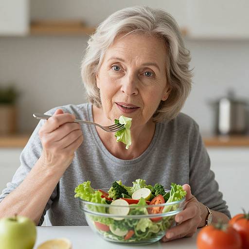 Photograph of an elderly woman with gray hair, wearing a gray shirt, eating a fresh salad with colorful vegetables in a bright kitchen.