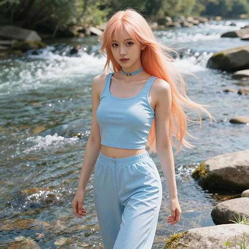 Photograph of a slender Asian woman with long pink hair, wearing a light blue crop top and matching pants, standing by a sunlit, flowing river
