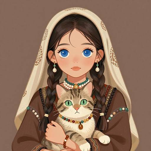 Calm Girl with Cat and Headscarf