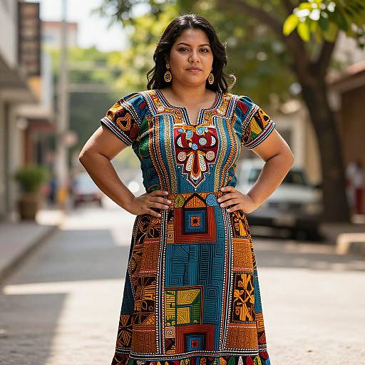 Photograph of a confident, dark-haired woman in a colorful, patterned African-inspired dress, standing with hands on hips on a sunny, tree-lined