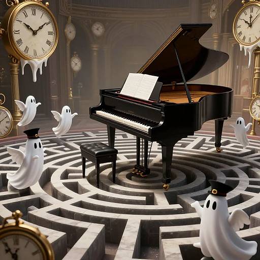 Whimsical digital art of black grand piano with ghostly white spirits dancing on a black-and-white maze floor, surrounded by gold clocks.