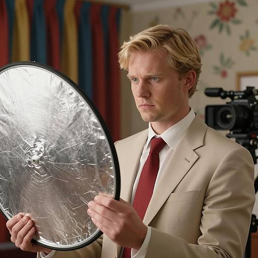 Serious Man in Beige Suit with Equipment