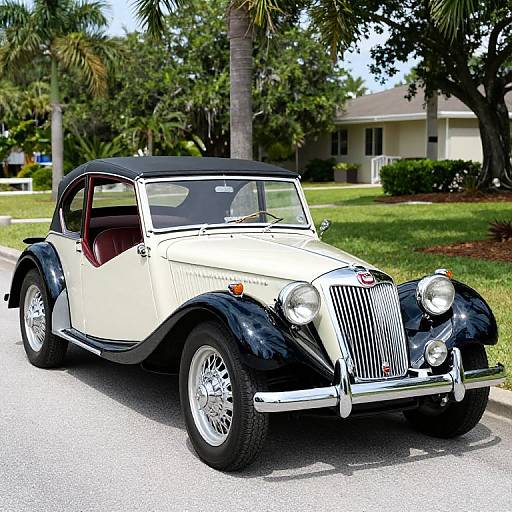 Photograph of a classic black-and-white vintage convertible car with chrome details, parked on a sunny suburban street with lush greenery and a house in the