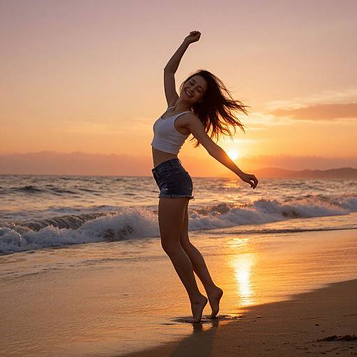 Carefree Woman Dancing on Sunset Beach