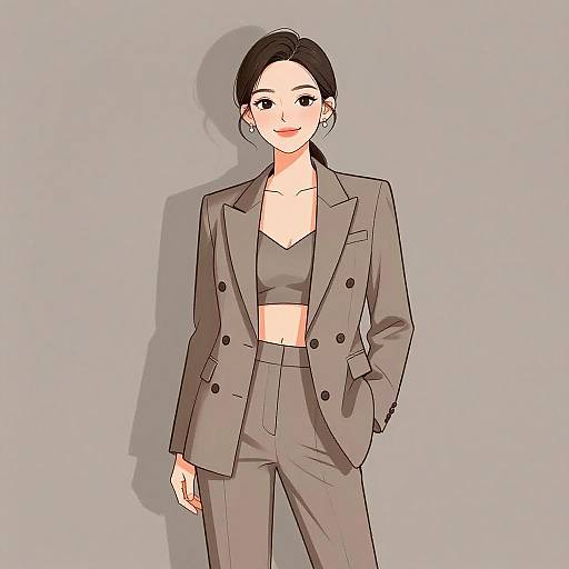 Digital anime-style drawing of a smiling woman with black hair in a ponytail, wearing a gray double-breasted blazer and matching high-waisted