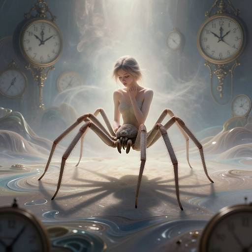 Digital art: A slender, pale-skinned, blonde-haired woman with spider legs and a skull head, surrounded by clocks in a surreal, glowing light