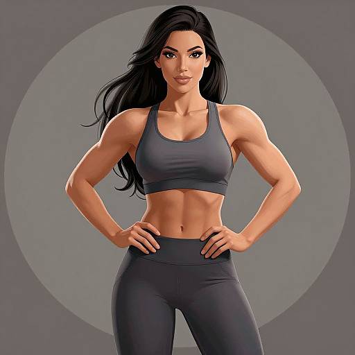 Digital artwork of a muscular, dark-haired woman with tan skin, wearing a gray sports bra and matching leggings, standing confidently with hands on hips, against