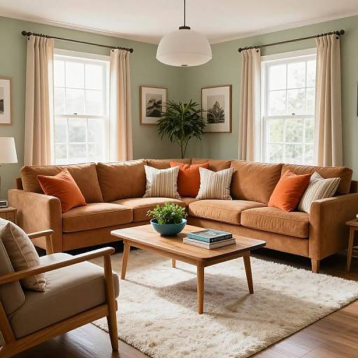 Photograph of a cozy living room with a brown sofa, orange and striped pillows, wooden coffee table, green potted plant, white rug, and