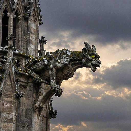 Photograph of a detailed, moss-covered gargoyle with glowing yellow eyes perched on a gothic cathedral, against a dramatic cloudy sky.