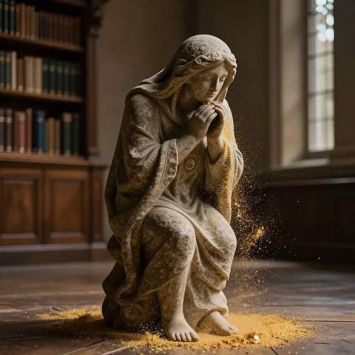 Photograph of a detailed stone statue of a praying figure in a dimly lit library, with golden dust sparkling around its feet.