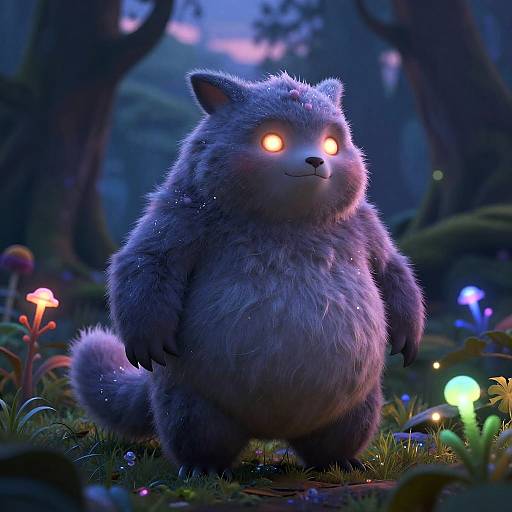 CGI image of a fluffy, blue-gray, glowing-eyed forest creature with a chubby body, standing amidst colorful mushrooms and glowing plants in a dark,